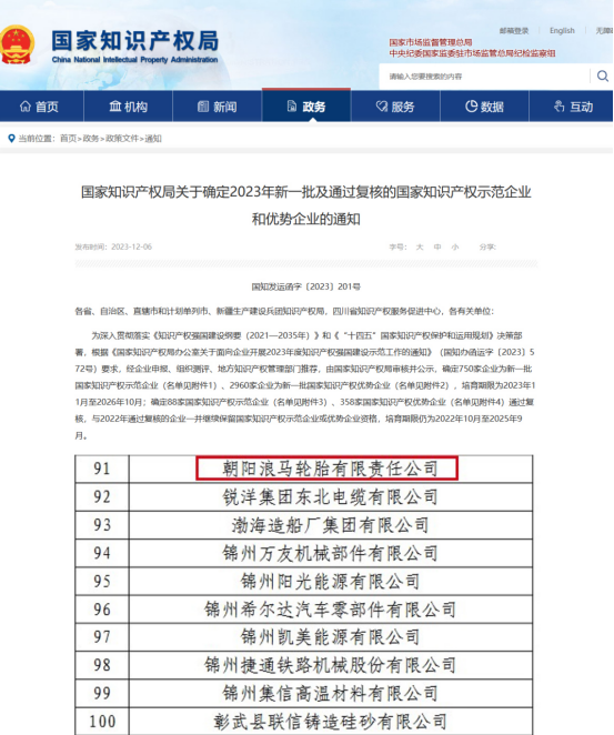 喜報：浪馬輪胎獲評“2023年國家知識產(chǎn)權(quán)優(yōu)勢企業(yè)”